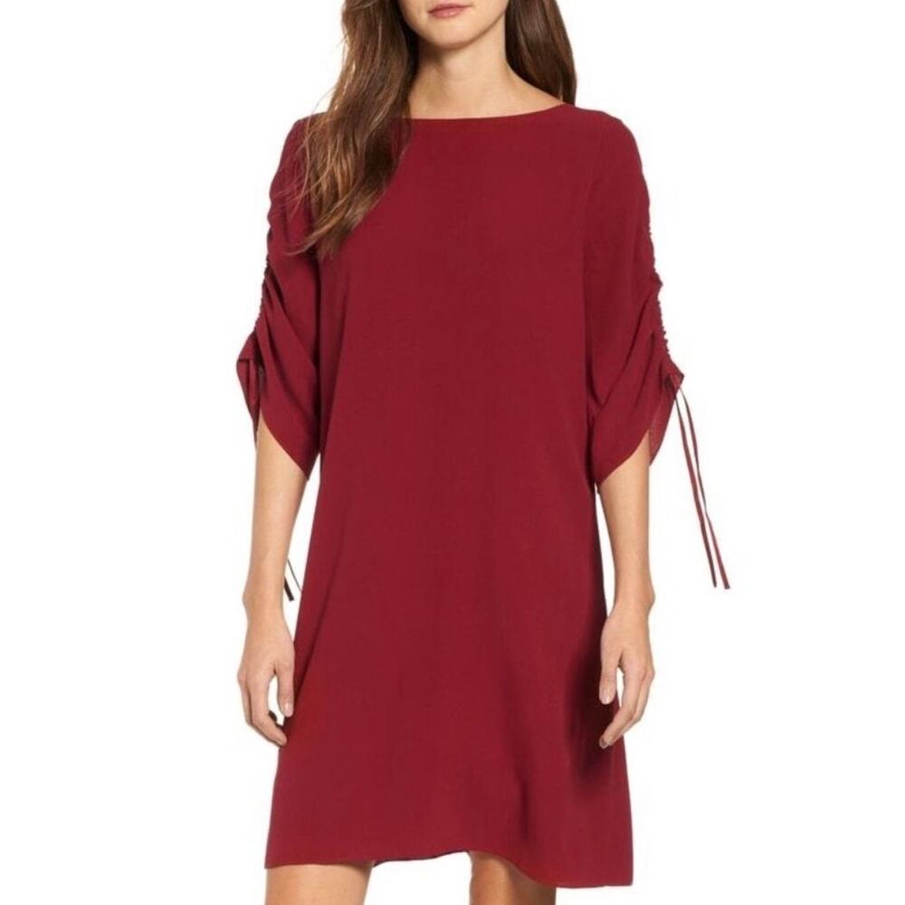Eileen Fisher 100% Silk Ruched Sleeve Shift Dress In Dark Tulip XS Burgundy NWT